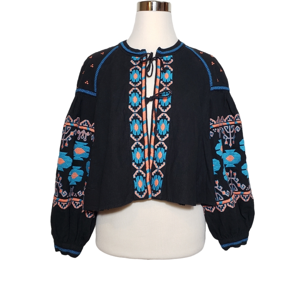 Free People Black Embroidered Peasant Jacket with Blue & Pink Accents